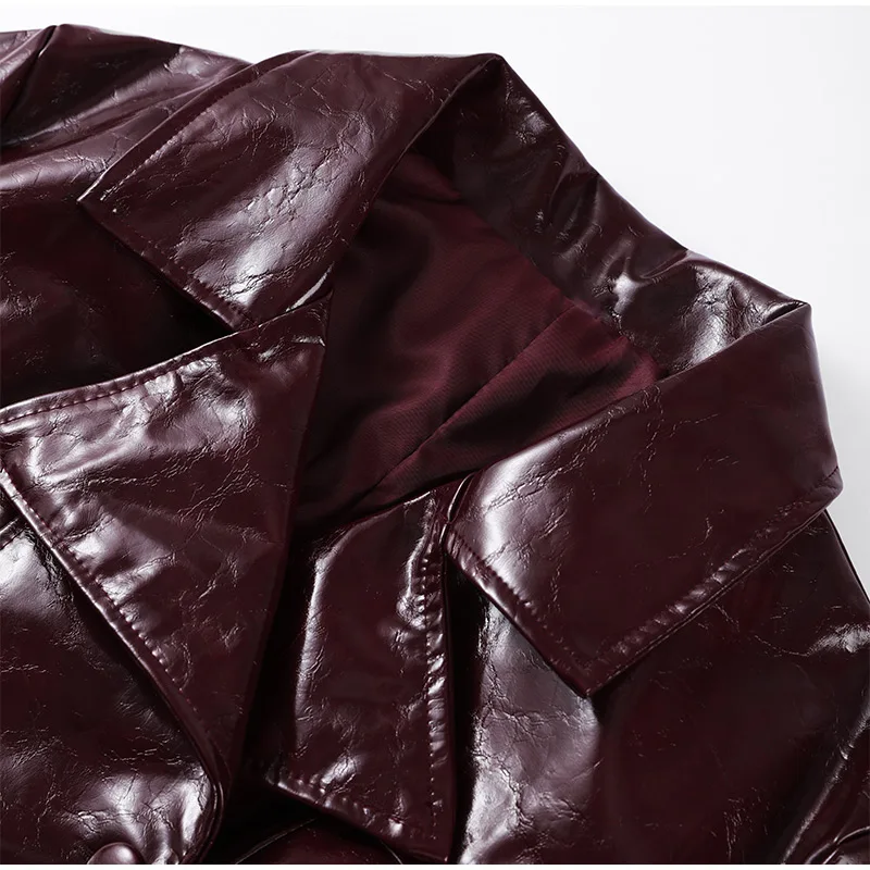 Solid PU Leather Women's Jacket Mini Skirt Set Lapel Neck Full Sleeve Double Breasted Coat Suit 2025 Autumn Stylish Edgy Outfit