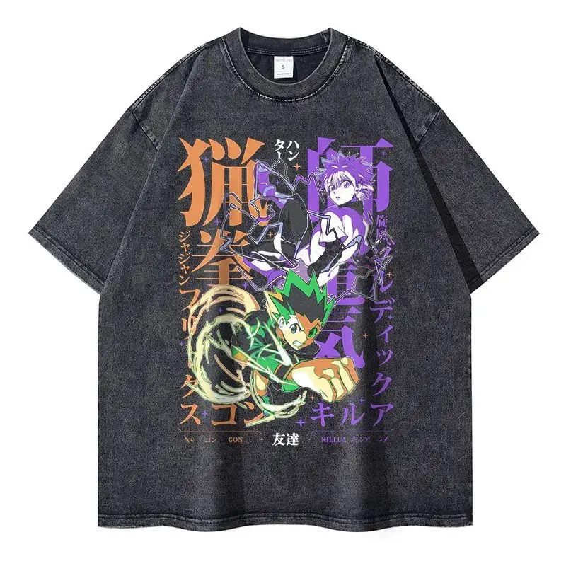 Anime Hunter X Hunter T-shirts Vintage Washed Phantom Troupe T Shirt Oversized Manga Killua Gon Chrollo Tops Tees Men 100%Cotton