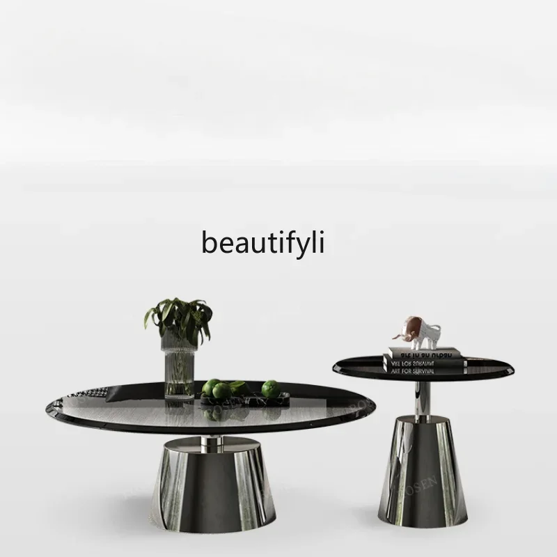 Stainless Steel Italian Minimalist round Tempered Glass Table Stainless Steel Personality Designer Model Small Coffee Table