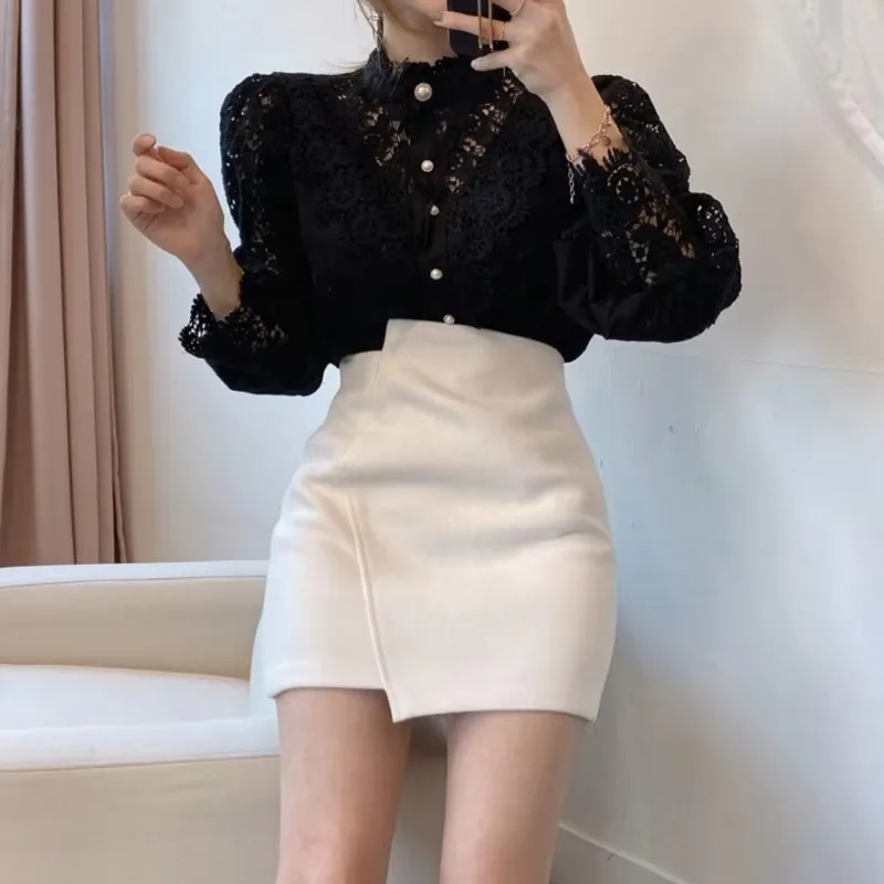 Elegant Women Pleated Blouse Hollow Out Floral Lace Button Turtleneck Shirt Fashion Fluffy Femme Tops Blouses