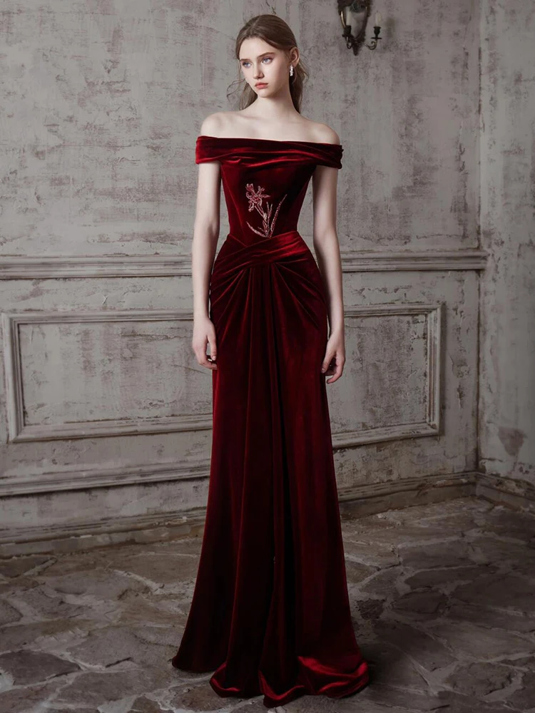 

Velvet Evening Gown One oulder Wedding Dr Fi Tail Skirt Formal Par Reception Welcome Wine Serving Costume Ele