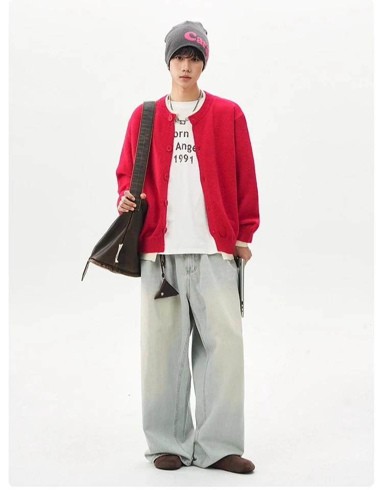 2025 Autumn Winter Vintage Red Green Fake Two-Piece Cardigan Sweater Men's Loose Casual Black Gray Knitted Jacket