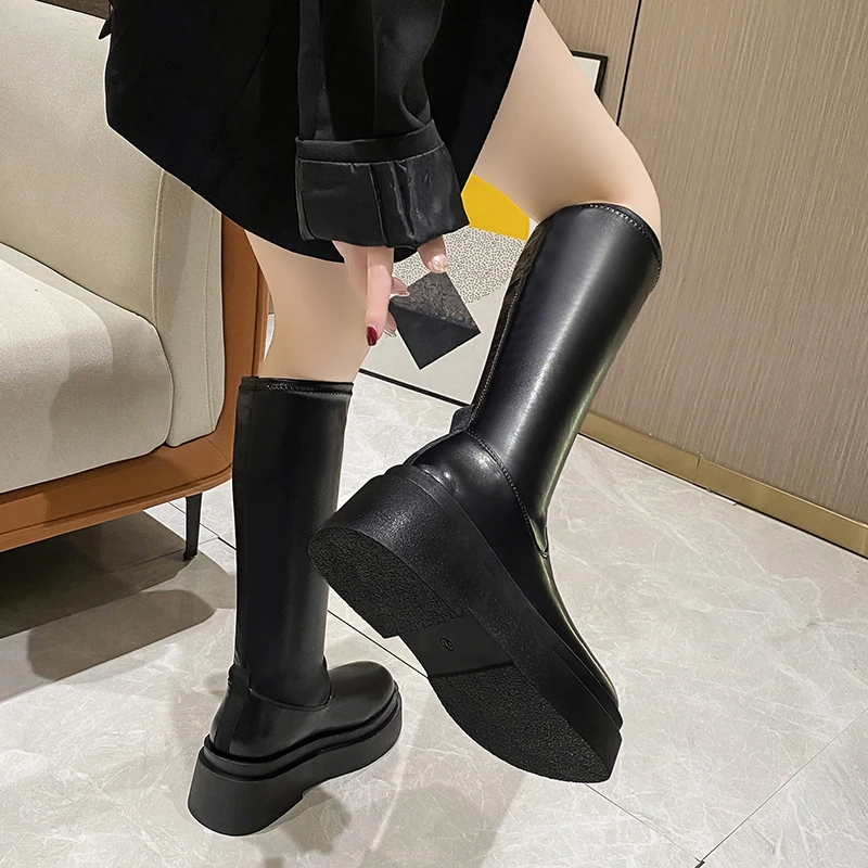 High Quality Stretchy Slip-on Platform Boots Spring Autumn Commuter Fashion   Black Long Women Boots for Women Zapatos De Mujer