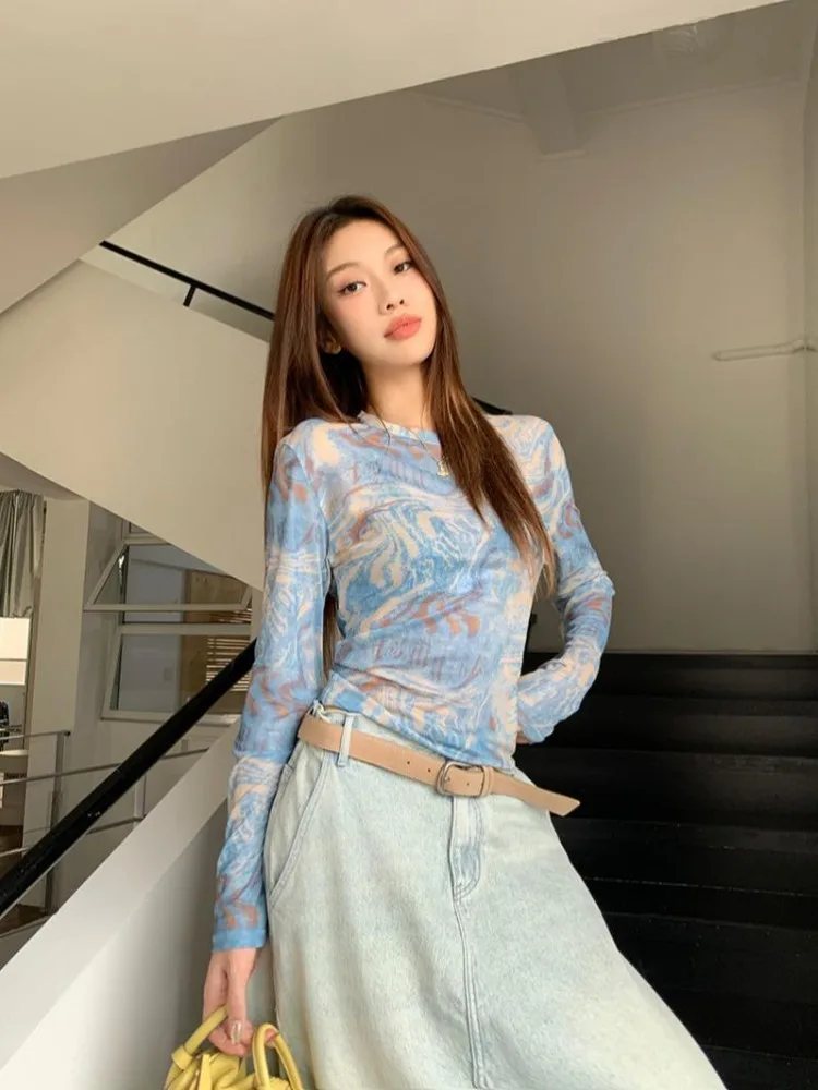 

Винтажная облегающая футболка с круглым вырезом и принтом Tie Dye Y2k, футболки с длинными рукавами из тонкой сетки, новый летний шикарный топ для женщин