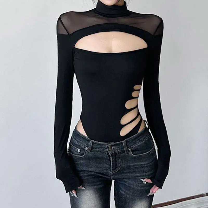 Women's High Neck Long Sleeve Bodysuit Cutout Hollow Out Design Slim Fitted Silhouette Versatile Trendy Casual Office Street Top
