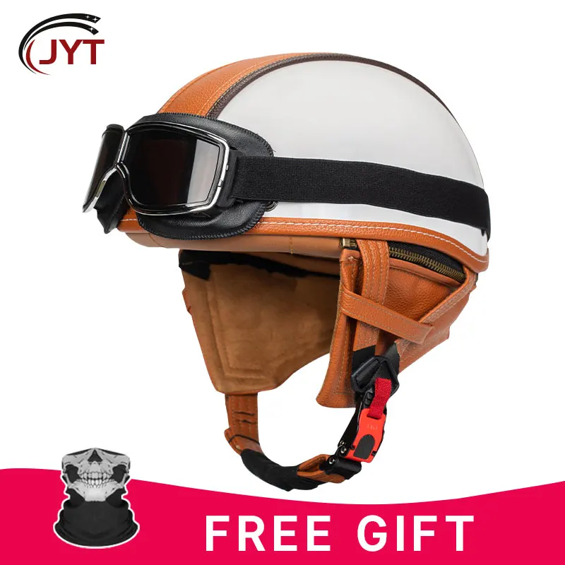 

Half Face Helmet with Goggles Low Profile Motorcycle Helmets Leather Vintage Motorbike Helmets Men Women Unisex Scooter Cruiser