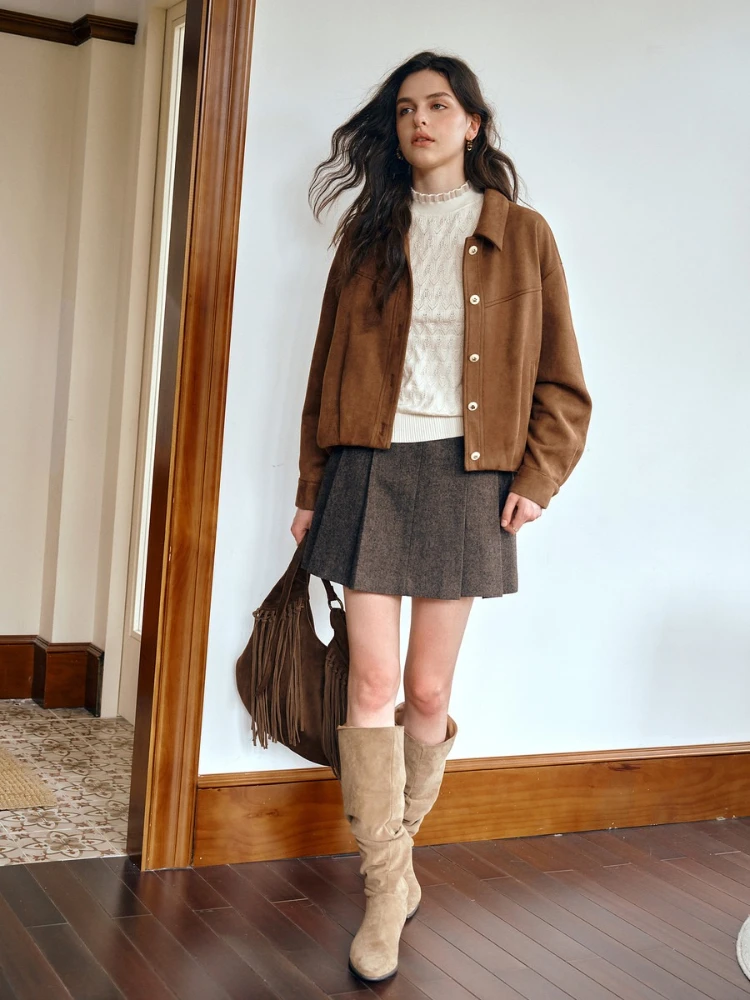 Kurtka damska OLrain, vintage, luźna, brązowa, zamszowa, krótka, wiosna 2026, codzienna, jednolita, z długim rękawem, odzież wierzchnia damska GO57QW000921