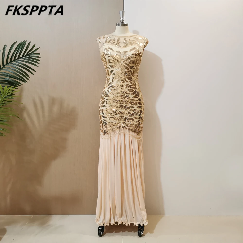 Abito lungo a sirena In oro taglie forti da sera splendido Tulle senza schienale con paillettes 2024 In Stock abito da donna per occasioni formali Robe De Soiree