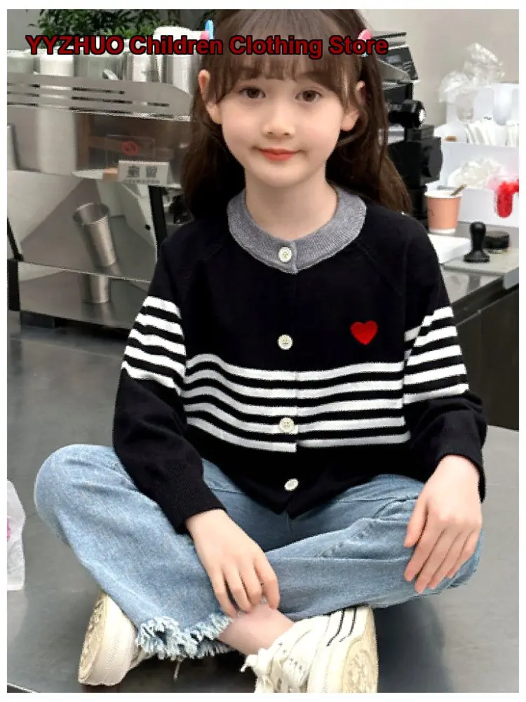 Girls Knit Cardigan 2026 Spring Summer Striped Stylish Round Neck Long Sleeves Thin Sun-Protective Outerwear