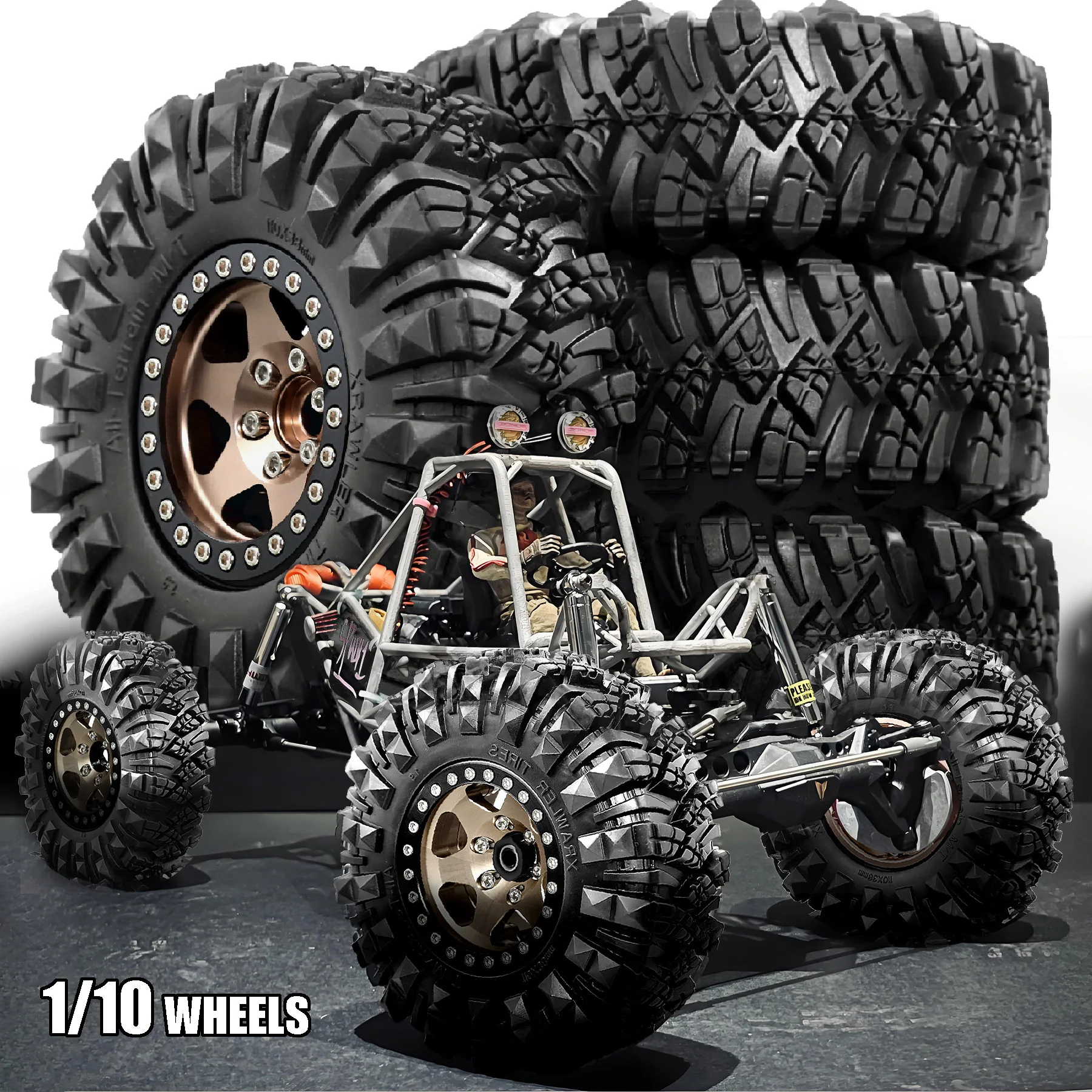 

1.9 Aluminum Beadlock Wheel Rims with RC Crawler Tires 4.33 Inch OD for Traxxas TRX4 Axial SCX10 SCX10 II Rock Crawling Vehicle
