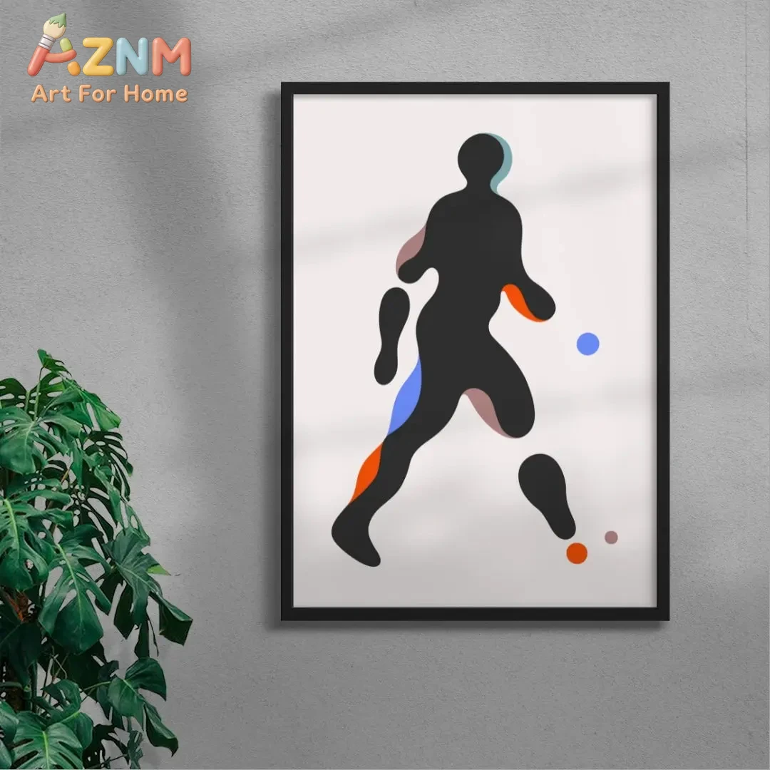 

Абстрактное настенное панно с изображением футболиста в рамке - минималистичный красочный спортивный силуэт, современный декор для дома и офиса.
