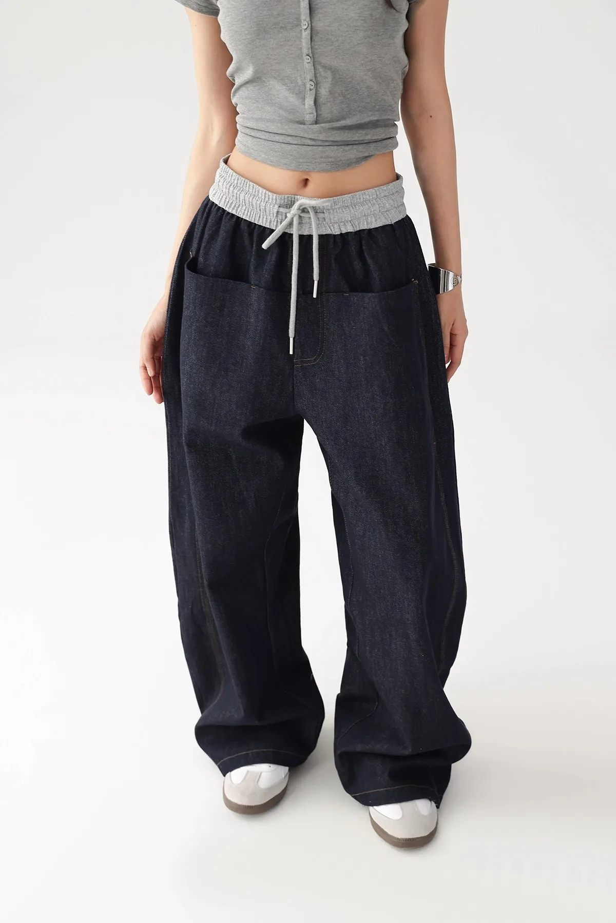 مرونة الخصر المرأة الجينز Harajuku خمر BF نمط الشارع الشهير كل مباراة فضفاضة موضة فام واسعة الساق سراويل جينز