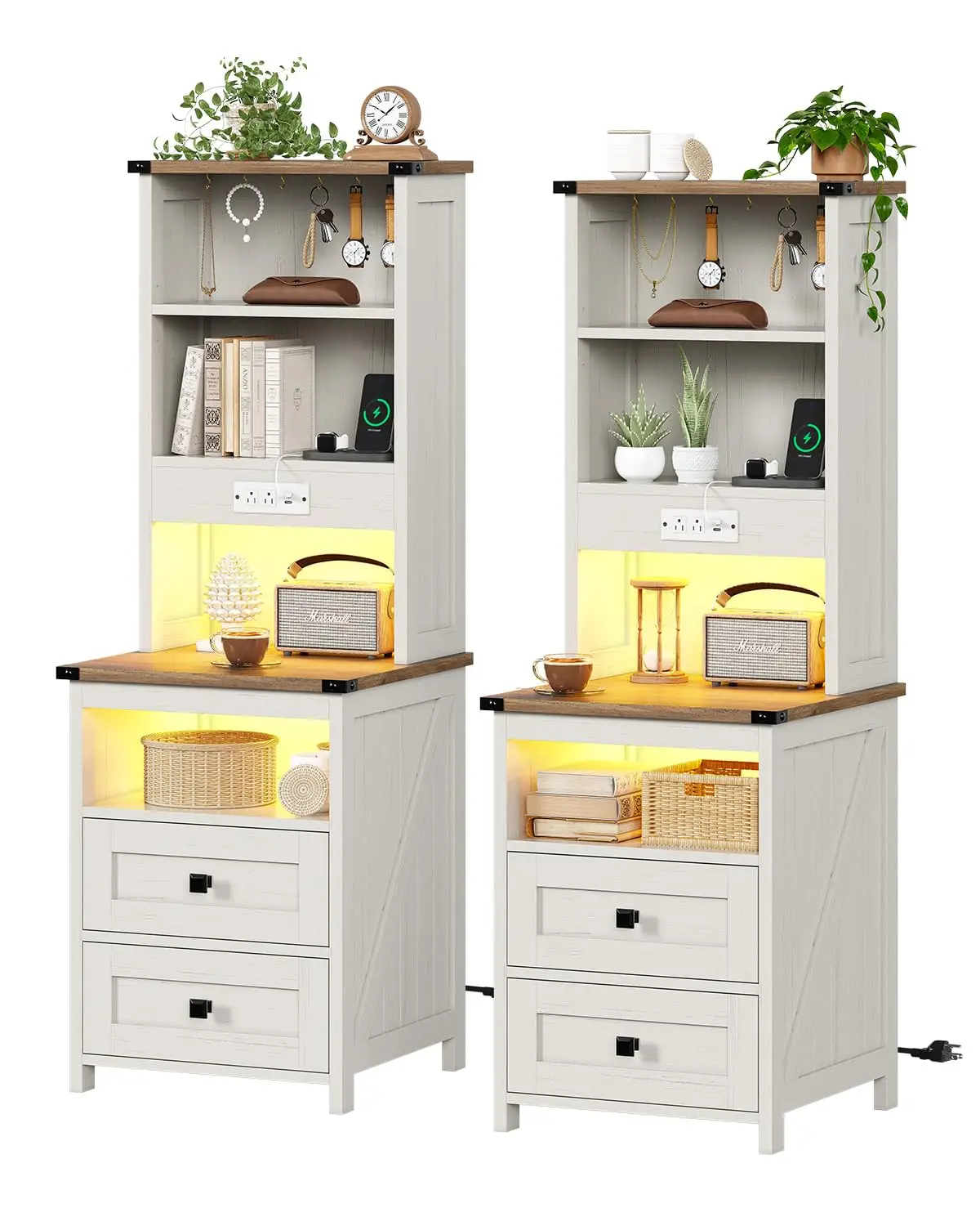 Farmhouse Tall Nightstand Set of 2 Charging Station & 2 Drawers LED White Bookshelf Bedside End Side Table Storage Shelves Bedro