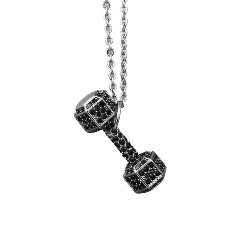 

Stainless Steel Dumbbell Pendant European American Trendy Women's Men Full Rhinestone Necklace Sports and Fitness Sweater Chain