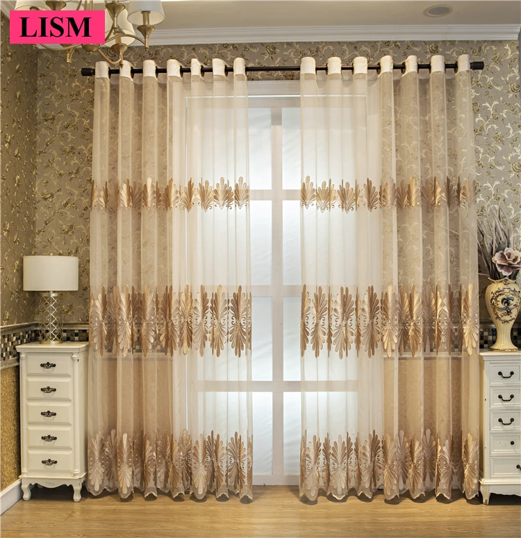 

Luxury European Villa Living Room Embroidered Curtains Simple European Bedroom Study Balcony Coffee Color Tulle Customization