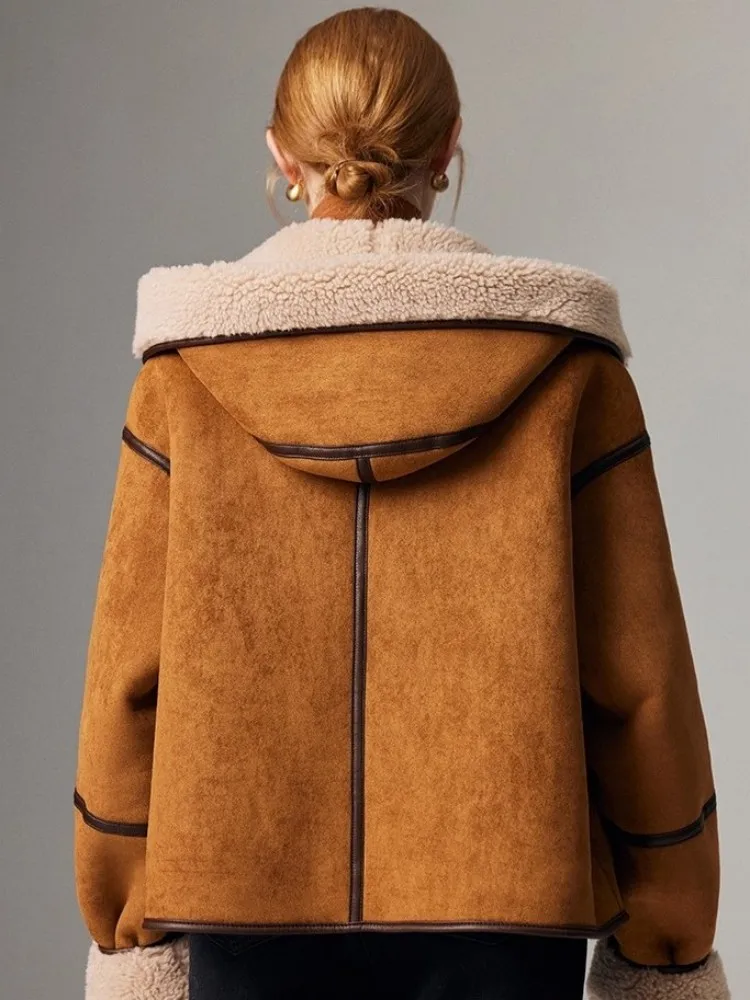 Winter Women Lambswool Coat Casual Loose Fit Horn Button Hooded Faux Suede Jacket Warm Ladies Vintage Sheep Shearing Outerwear