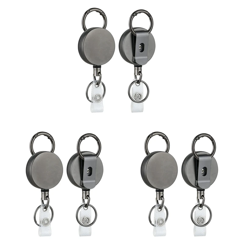 6 Pack Heavy Duty Retractable Badge Holder Reels, Metal ID Badge Holder With Belt Clip Key Ring For Name Card Keychain