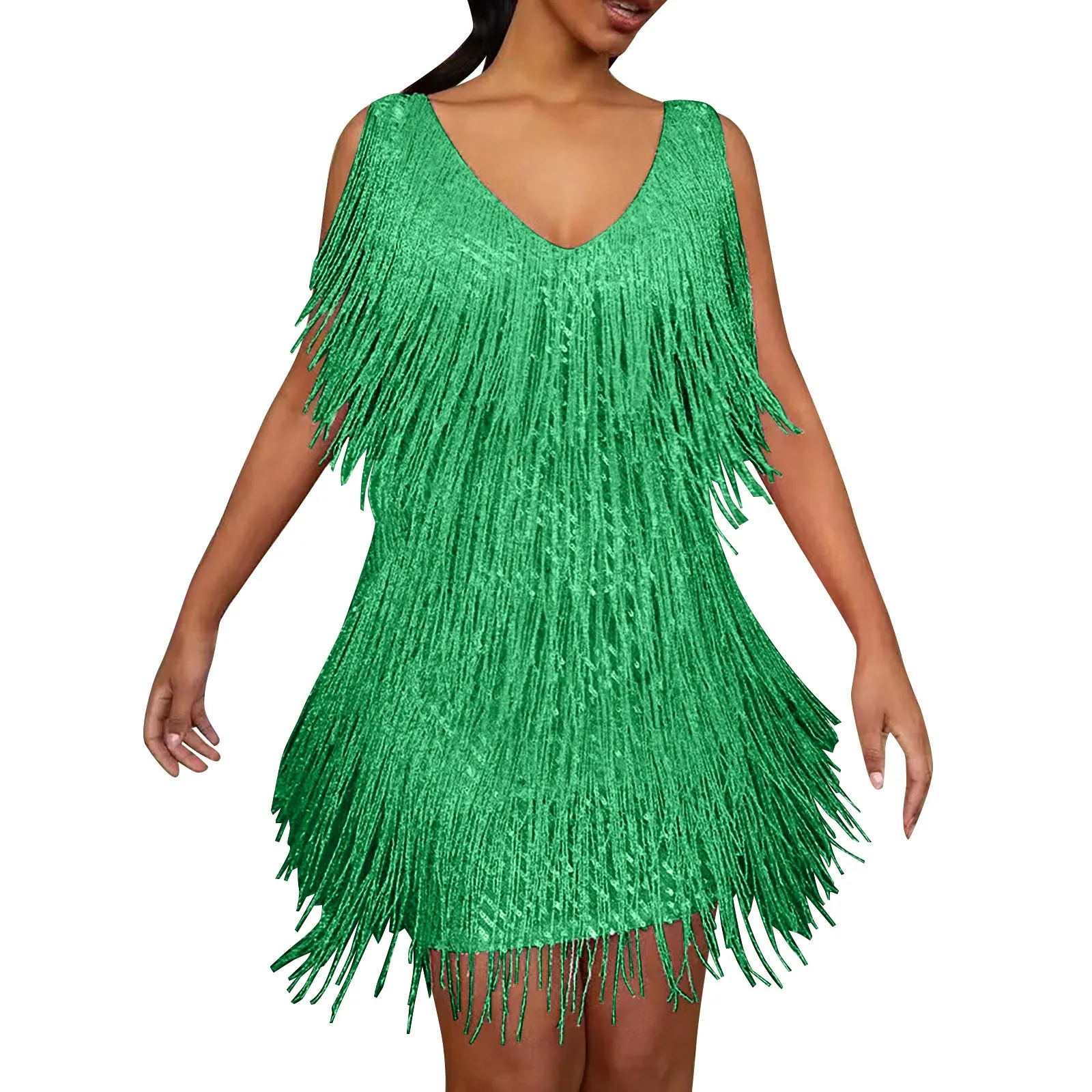 Deep V-Neck Sleeveless Backless Hip Wrap Summer Dress Sexy Women Fringed Sequin Stitching Mini Pencil Club Wear Tassel Vestido 1