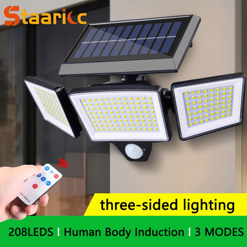 Lampe solaire murale à 208 LED, 3 modes, étanche, avec détecteur de mouvement, pour jardin, rue, éclairage de sécurité