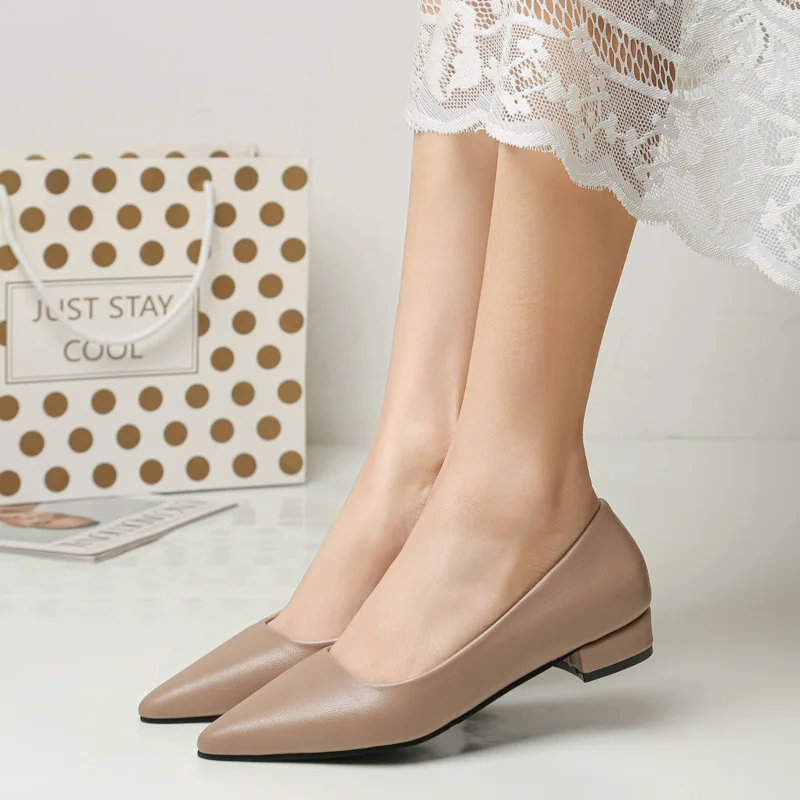 Spring Pointed Toe Shallow Mouth Square Heel Small Leather Shoes Women's Elegant Fashion High Heels Dress Shoes Zapatos Mujer view 3