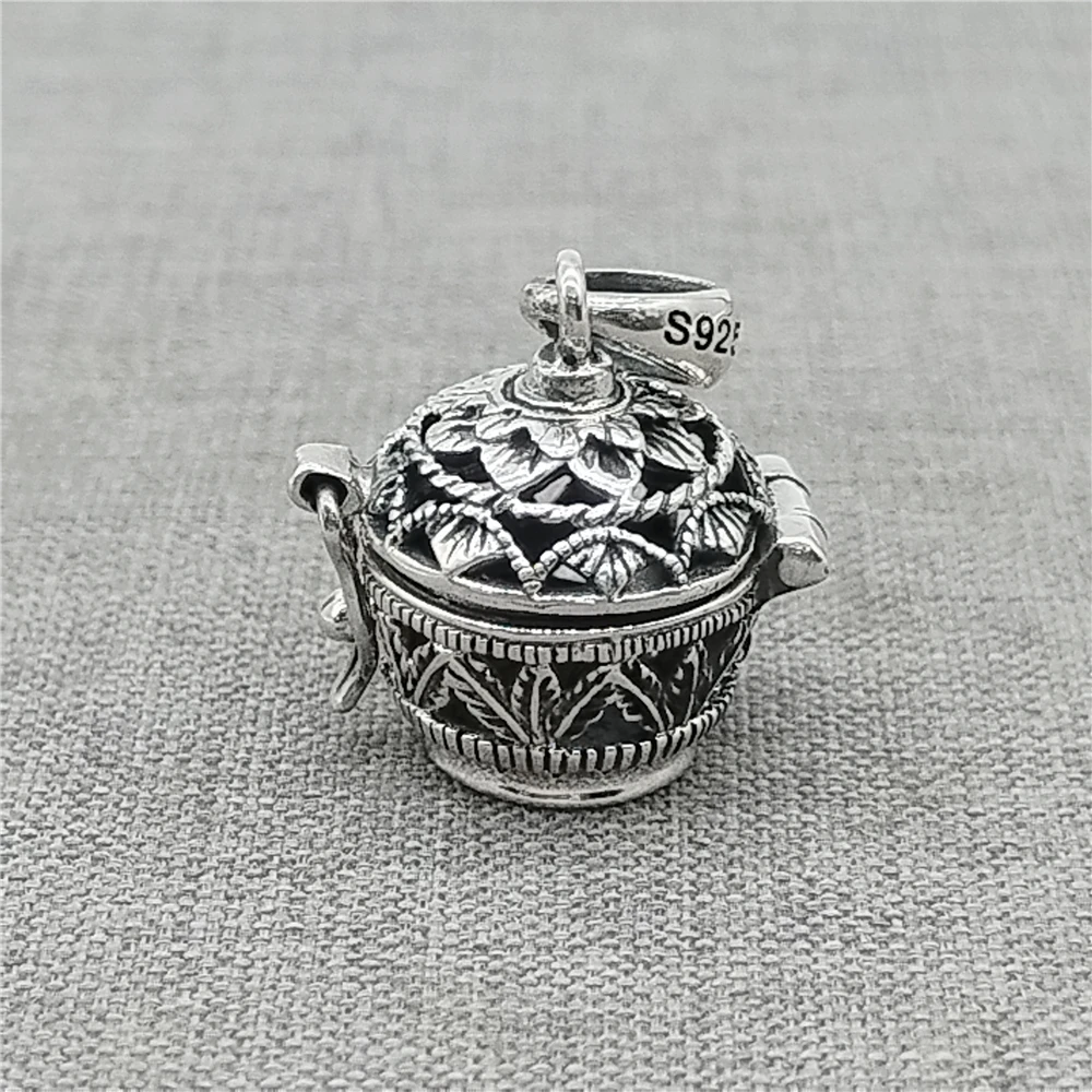 Sterling Silver Hollow Leaf Locket Charm 925 Silver Tribal Prayer Box Pendant