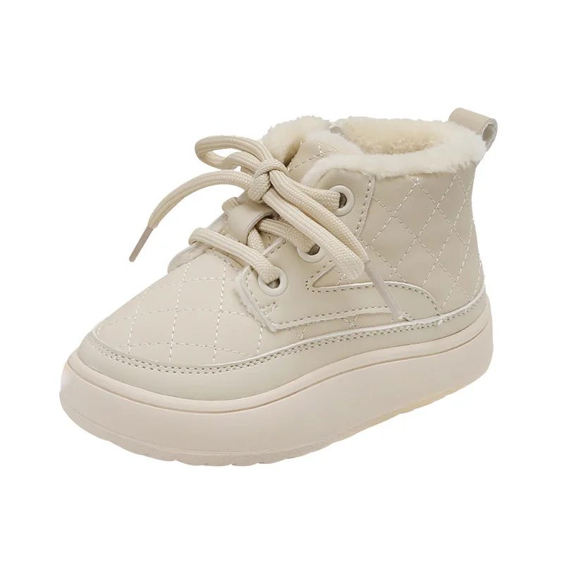 Brand Kids Winter Ankle Boots For Girls Boys Solid Sewing Fashion Snow Boots For Toddler Lace-up Winter Casual Shoe With Velvet