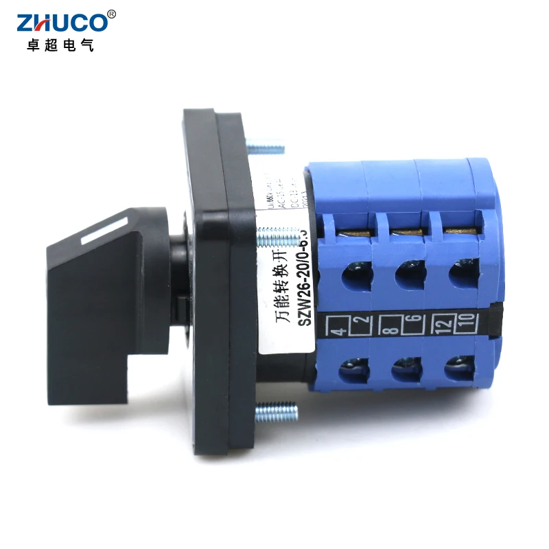 ZHUCO SZW26/LW26-20/0-6.3 20A 3 Phase 12 Screws 7 Position 64X64 48X48 mm Panel Selector Transfer Rotary Cam Universal Switch