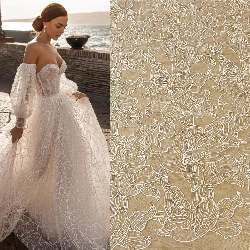 

Off White Tulle / Net Flower Embroidery French Bridal Wedding Dress Lace Fabric DIY Sewing Fabric Designer Fabric By The Yard