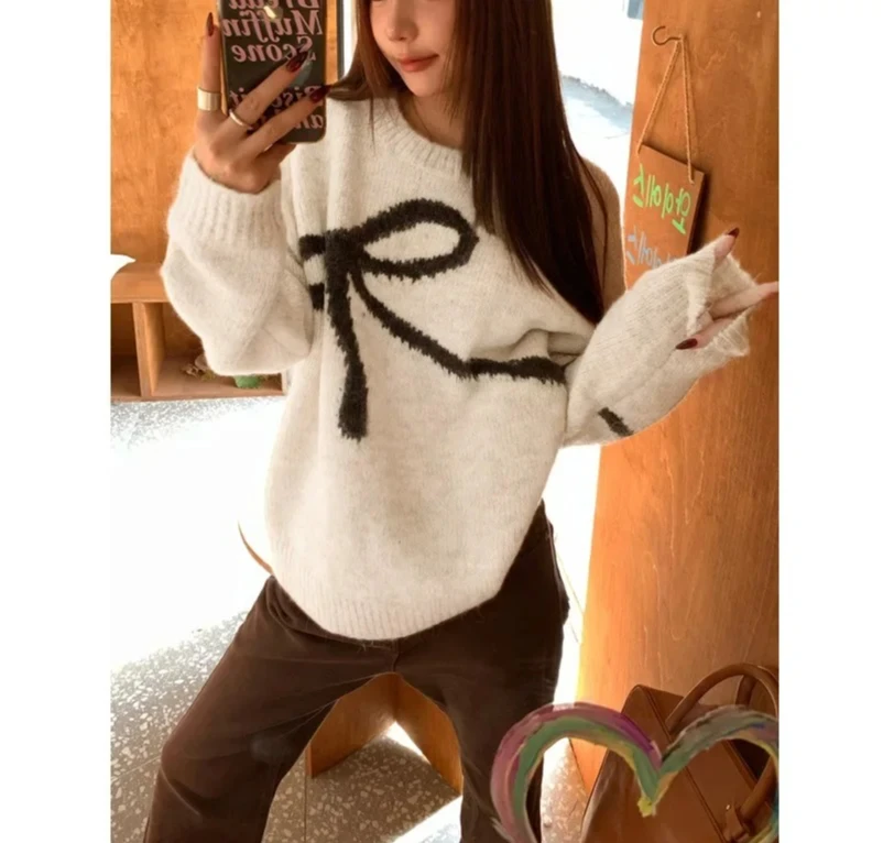 

Свободный женский пуловер с круглым вырезом и длинными рукавами, осень-зима, новый ленивый стиль, пуловер с узлом-бабочкой и круглым вырезом, топ