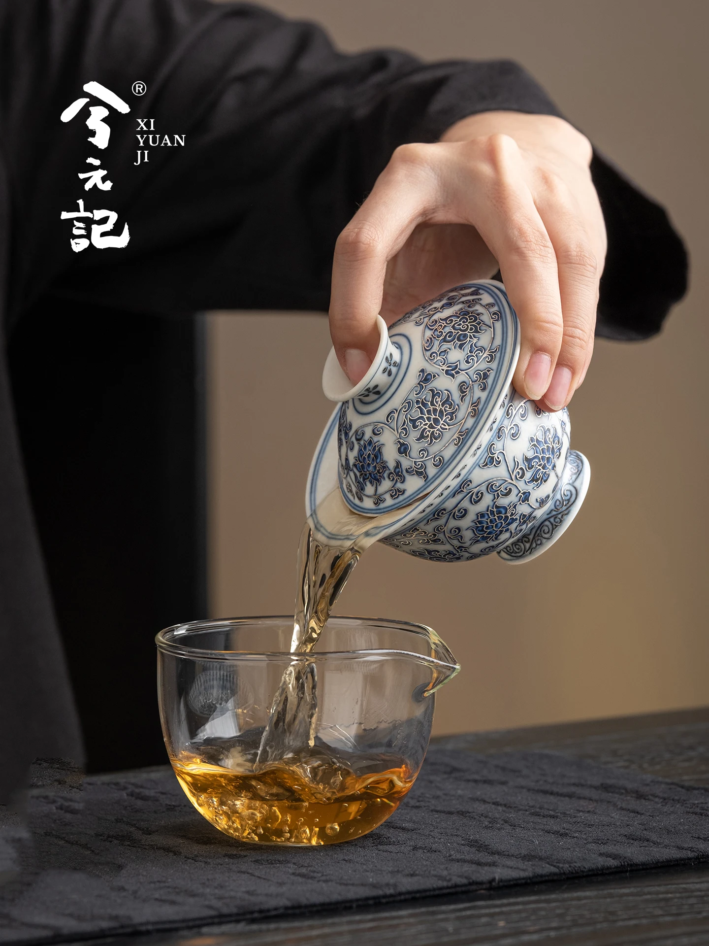 Blue and White Drawing Silver Sancai Gaiwan Tea Cup Single High-End Interlock Branch Brewing Bowl Three-Piece Set with Lid