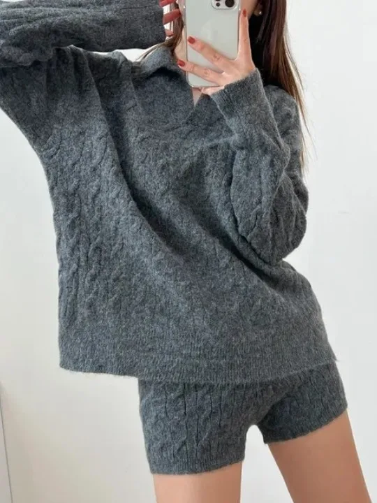 Elegancki Jesienno-Zimowy Vintage Skręcony Sweter Dzianinowy Top i Spodnie Dwuczęściowy Zestaw Damski Wygodny i Modny