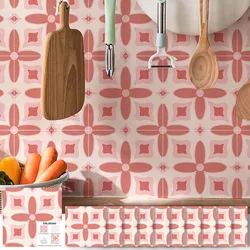 10pcs/set Retro Pink Tiles Sticker Kitchen Backsplash Wardrobe Bathroom Waterproof Peel & Stick Bright Film Art Wall Decals