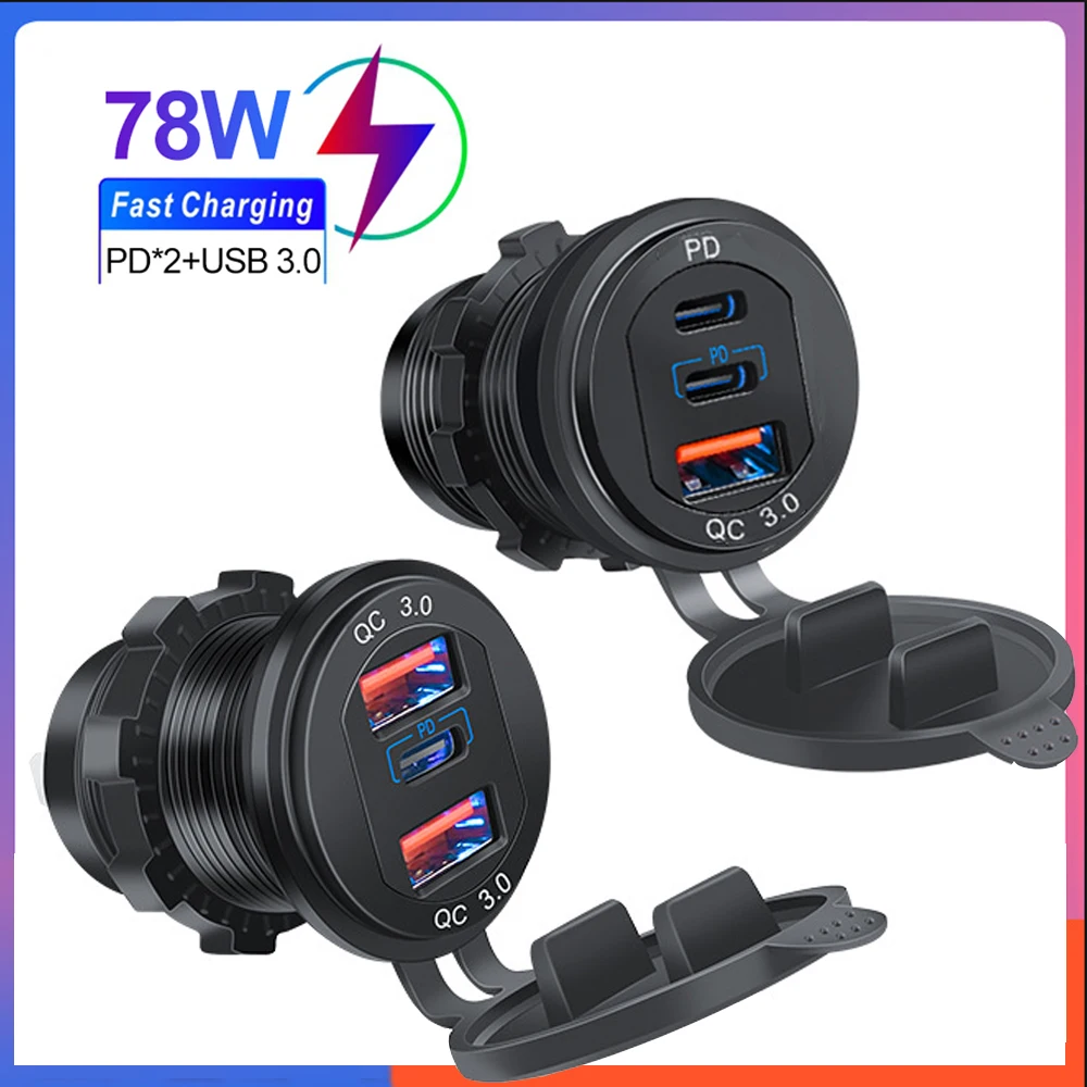 78W Car Charger SOCKET PD3.0 & QC3.0 Fast CHARGING คู่ USB C พอร์ตอลูมิเนียมกันน้ําสําหรับ 12 V/24 V เรือ Moto อะแดปเตอร์