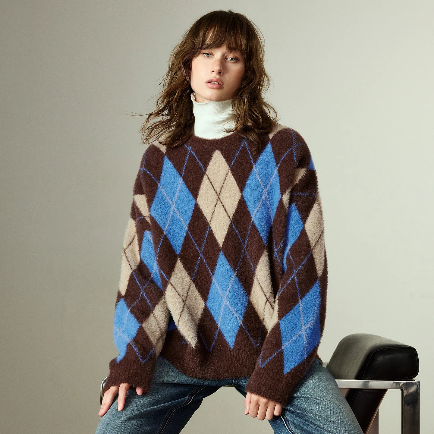 TOYOUTH Women's Sweater 2026 Winter New Loose Crew Neck Amber Streamer Nordic Style Argyle Mink-like Top
