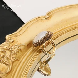 GLSEEVO New Natural Baroque Pearl Ring Female Hand Inlaid Rhinestones Exquisite Fashion Personality Luxury Party Ladies Jewelry