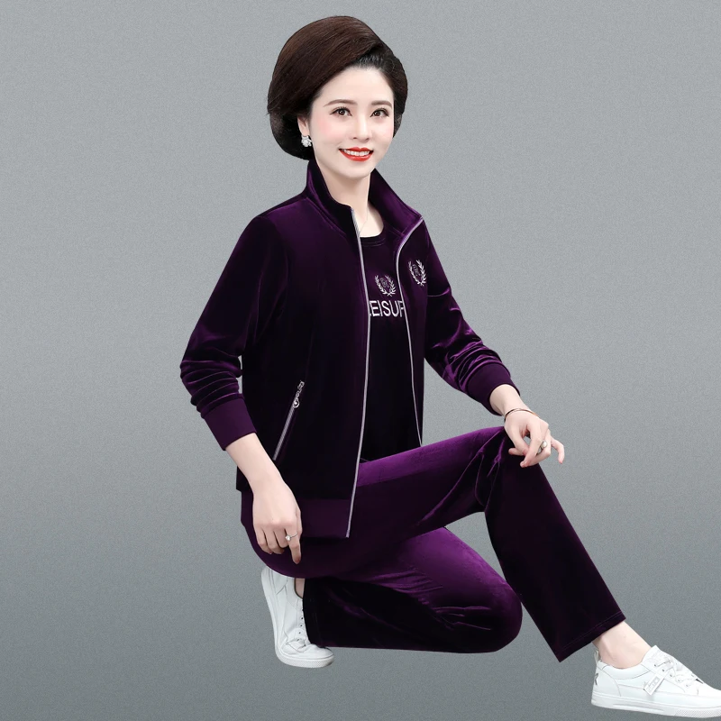 

Повседневный велюровый спортивный костюм для мам, весна 2023, новинка, модный комплект для женщин среднего возраста: топ и брюки свободного кроя на молнии