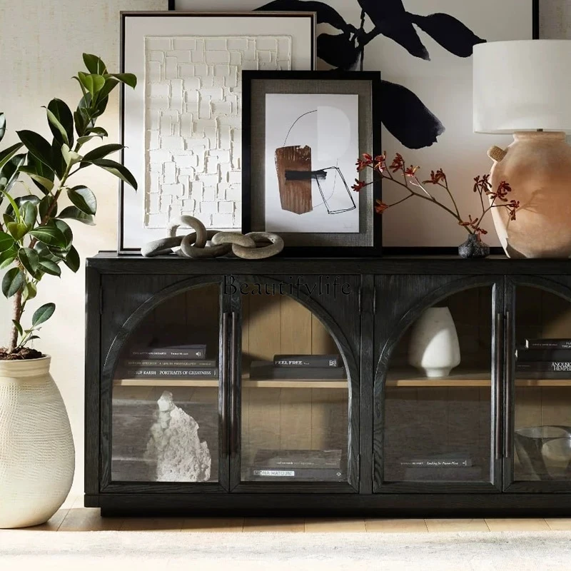 

French retro solid wood dining side cabinet living room simple arched glass door locker