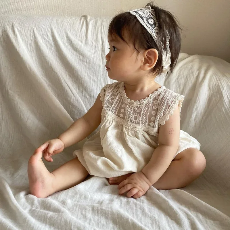 Baby Onesie 2023 Summer Lace Flower Collar Short Sleeve Thin Casual Simple New Fashionable Baby Soft Sweet Cute Romper