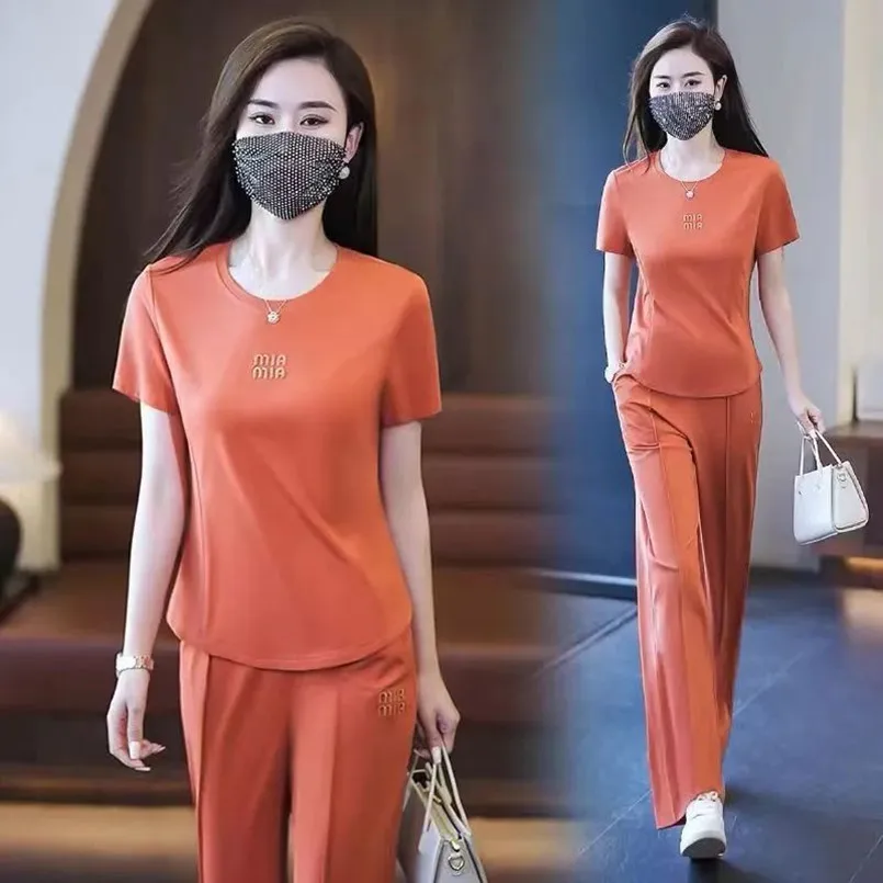 Sports Fashion Women's Set 2024 Summer New Western Style Short Sleeved Slim Loose Wide Leg Pants Casual Two-piece Set