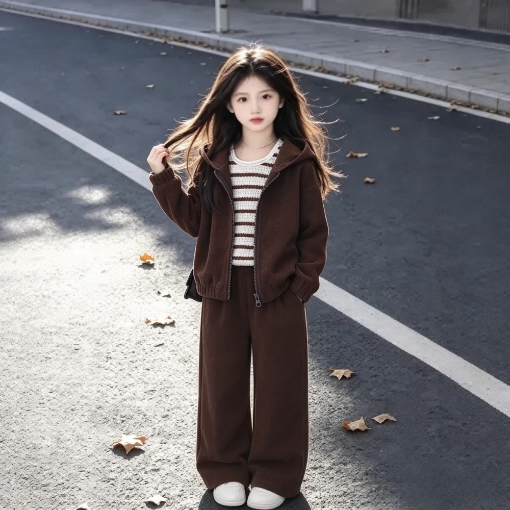 Korean Version Brown Autumn Girls' Fashion Kids Three Piece Set Long Sleeved Zipper Hooded Jacket + Striped Vest + Pants