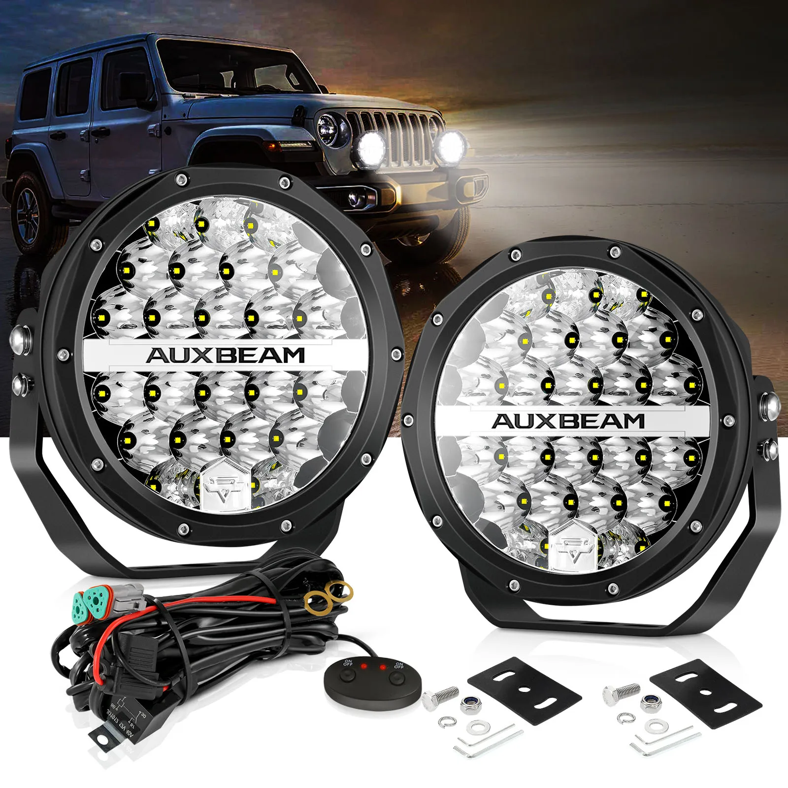 Auxbeam 240 واط 7 بوصة أضواء القيادة LED المساعدة المستديرة مع أضواء العمل DRL للطرق الوعرة SUV ATV UTV الشاحنات مصابيح قارب بيك اب