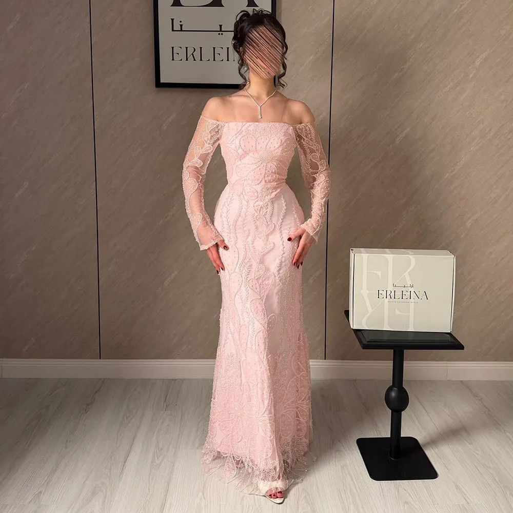 

Vanessa Pink Beading Straight Evening Dress 2026 Exquisite Women Off the Shoulder Party Gowns Lace Long Sleeves Prom Dresses