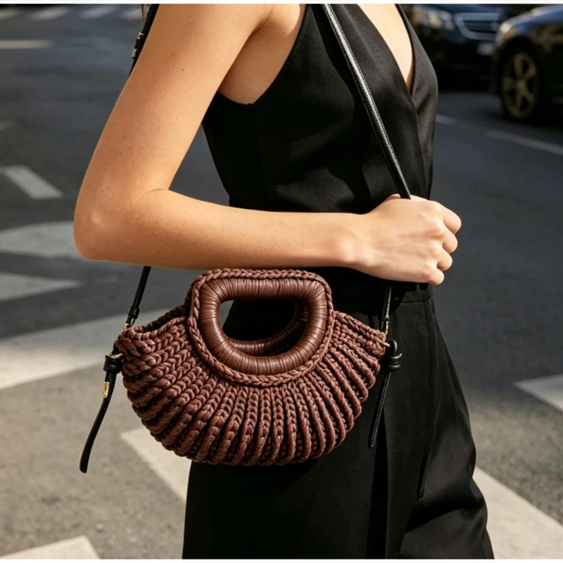 Gestrickte Garn-Umhängetasche, Einfarbige Damen-Handtasche, Schlichte Casual-Strandtasche für den Urlaub am Meer – Detail 6