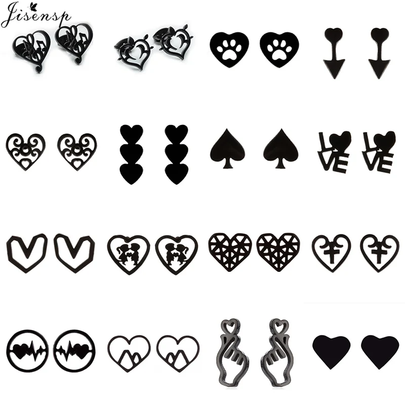 Tiny Heart Earrings 2026 Black Stainless Steel Heartbeat Arrows Music Love Stud Earrings for Women Girls Engagement Pendientes
