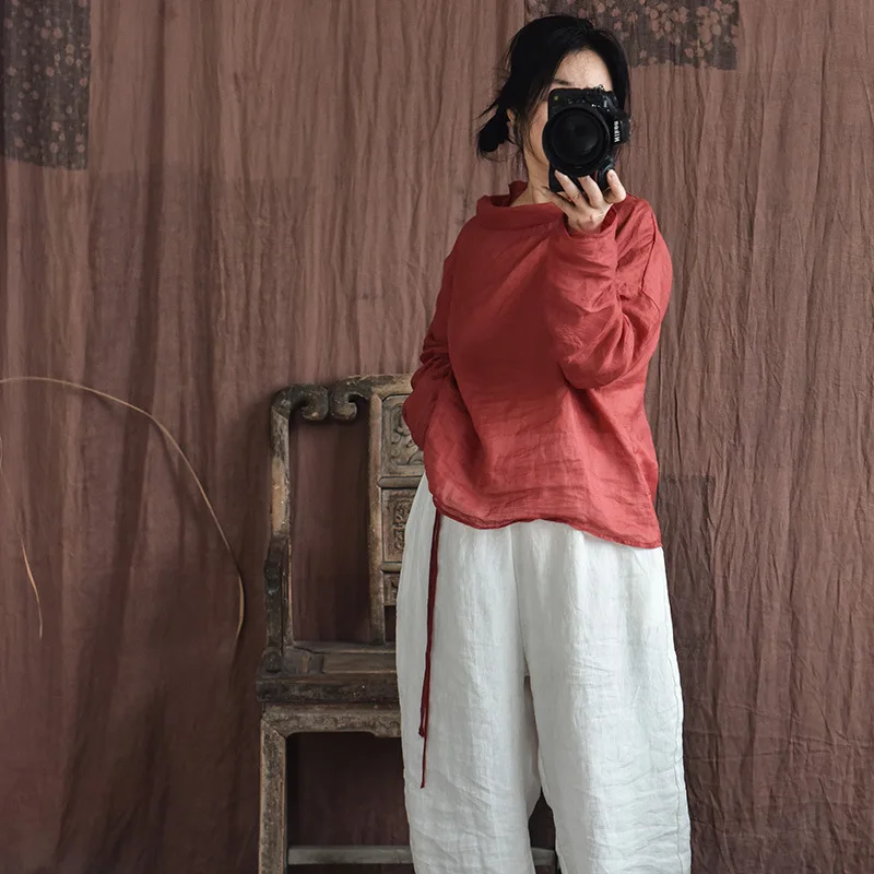 

Lightweight Loose Cotton Linen Women's irt Long Sve Color Base Layer Top Artistic Sle Commute Friendly