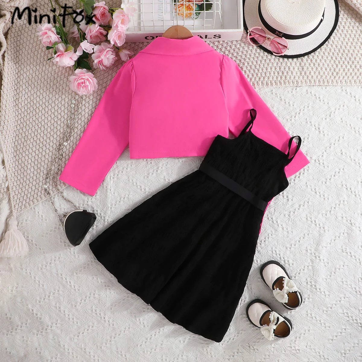 MiniFox Teenagers Dresses For Girls Kids Blazer Sets Lapel Coat+Black Dress With Waistbag 3pcs Party Children's Dresses Girls