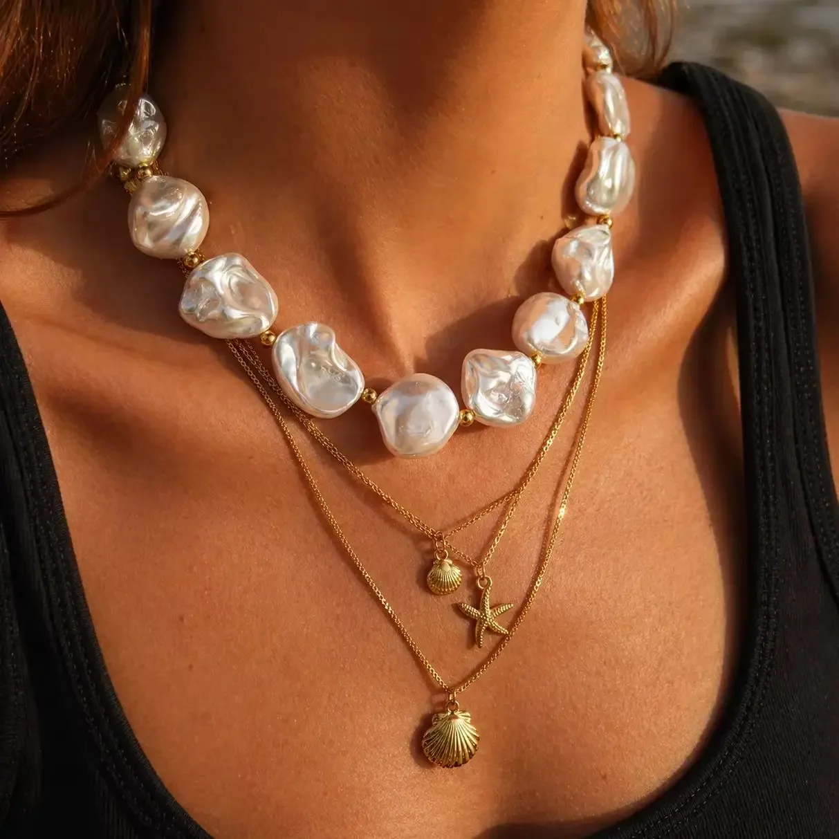 New Fashion 4Pcs/Set Gold Plated Stainless Steel Starfish Conch Pendant Necklace Women Boho Baroque Imitation Pearl Chain Choker