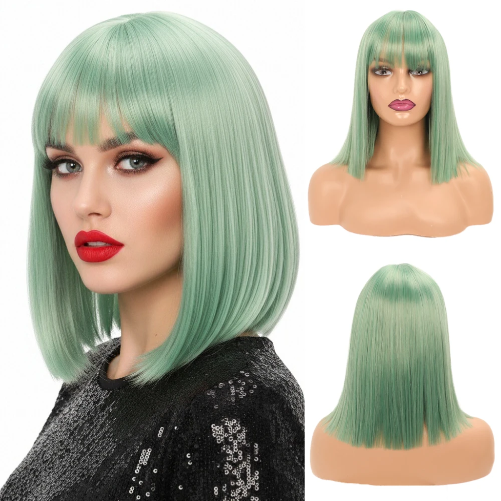 MSIWIGS المرأة قصيرة بوب الأخضر الباروكات الاصطناعية مع الانفجارات مستقيم الوردي الأحمر تأثيري حزب ارتداء اليومي شعر مستعار #1