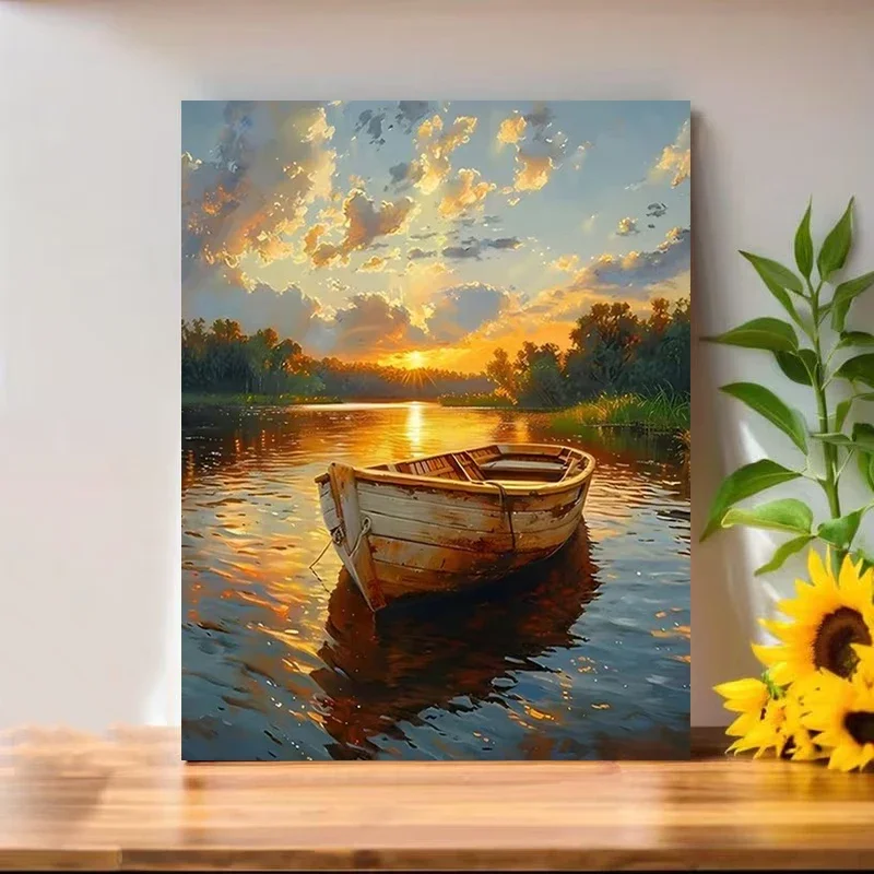 Multiple sizes 1pc frameless Canvas Painting,Sunset Lake with Old Wooden Boat Impressionist River Poster and Prints Canvas Paint
