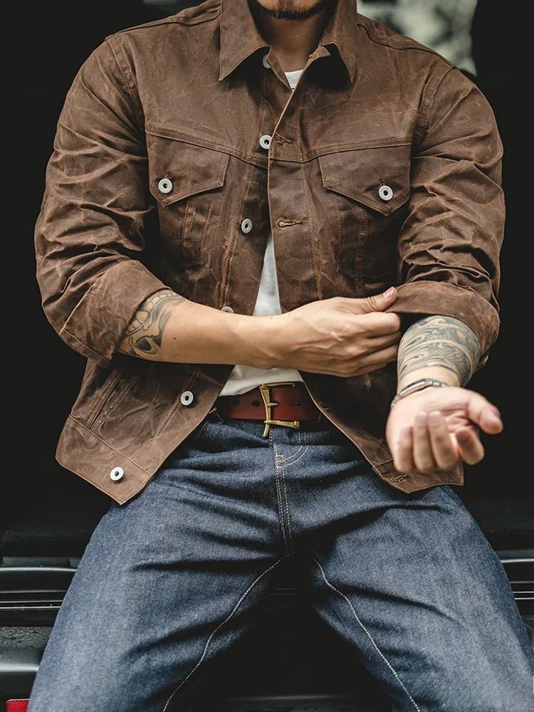 

Maden American Retro Yellowstone Canvas Oil Wax Jaet Slim Fit Motorcycle Coat Men Faion Urban Youth Long Sve Outerwear